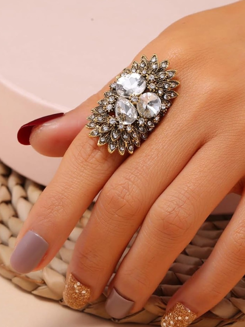 Anthropologie Gold-Tone Clear Crystal Sunburst Cocktail Ring